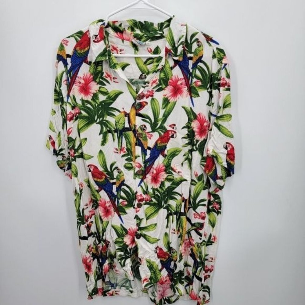 Makai Beach Hawaiian Top With Parrots and Palm Trees XL